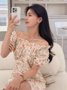DAZY Women's Ditsy Floral Puff Sleeve Summer Dress Sundress