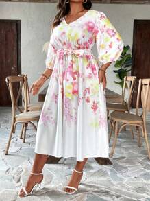 SHEIN Clasi 加大碼花卉印花燈籠袖腰帶連身裙 - 白色 - 查看 5