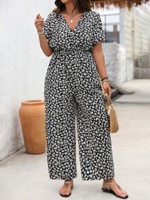 SHEIN LUNE Mono con estampado floral y cintura ceñida para vacaciones y ocio, talla grande, verano