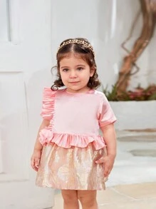 SHEIN 1件嬰兒女孩經典花卉設計優雅百褶連衣裙，夏季款 - 粉色 - 查看 4