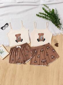 SHEIN 青少年女孩夏季休閒可愛熊印花針織防火家居服套裝，包括背心和短褲（每套分開銷售），媽媽和我相同的裝扮 - 卡其色 - 查看 1