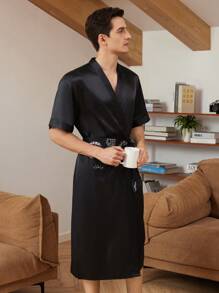 男士純色綁帶緞面浴衣 - 黑色 - 查看 5