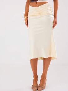 MUSERA Satin High Waisted Midi Ruched Skirt Boho Summer Cute Chic Elegant - Yellow - View 2