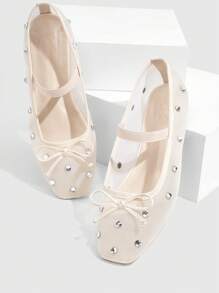 CUCCOO DOLLMOD 时尚女士鞋米色网眼和水钻芭蕾平底鞋,带蝴蝶结细节,适合夏季度假鞋夏季促销优雅平底鞋圣诞节秋季新年假期 - 杏色 - 查看 3