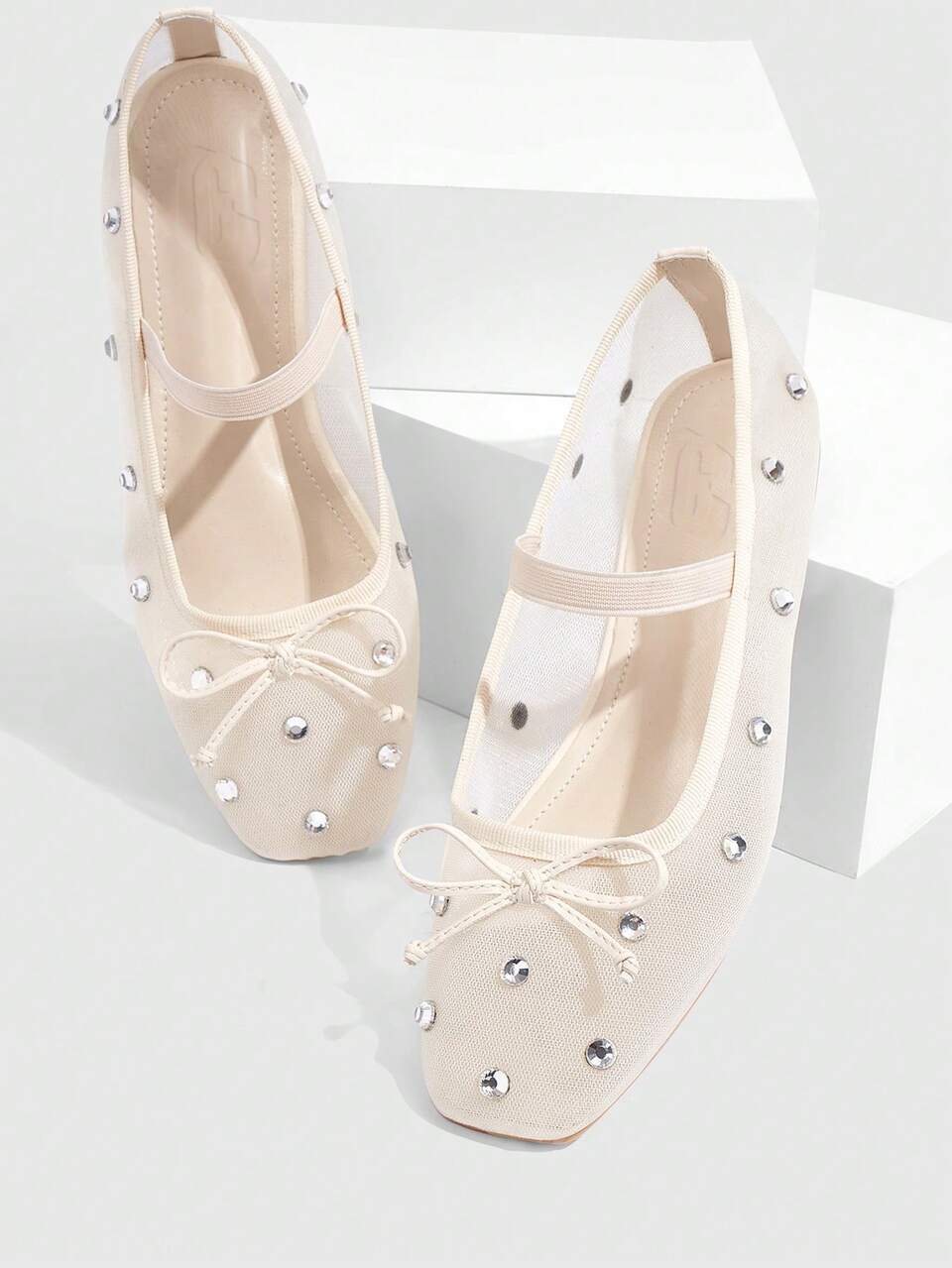 CUCCOO DOLLMOD Fashionable Woman Shoes Beige Mesh & Rhinestone Ballet Flats With Bow Knot Detail For Summer Vacation Shoes Summer Elegant Flats Spring Shoes Spring Break Easter For Christmas Spring Shoes