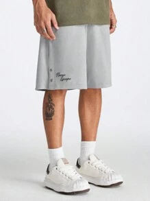 Manfinity NXTstreet Men's Loose Fit Straight Knit Shorts Printed With English Letters, Suitable For Summer - Grey - View 1