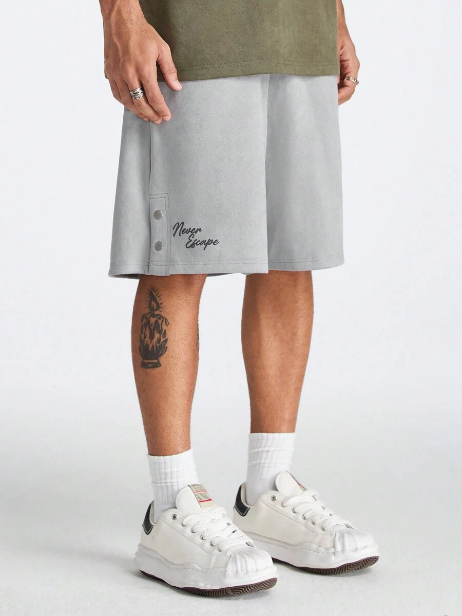 Manfinity NXTstreet Men's Loose Fit Straight Knit Shorts Printed With English Letters, Suitable For Summer - Grey - View 1