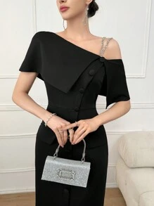 Modelyn 女士纯色斜肩单排扣夏季长款晚礼服 - 黑色 - 查看 6