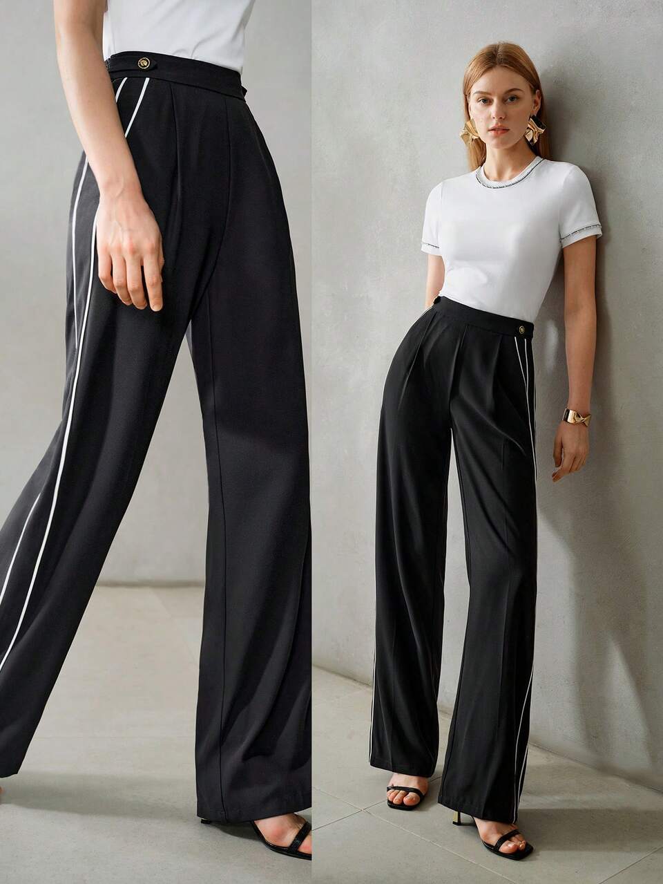 CONTRAST PIPING SLANT POCKET FOLD PLEATED SUIT PANTS