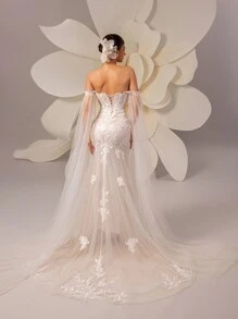 HEARBOBO 优雅蕾丝露肩超长袖薄纱鱼尾婚纱 - 白色 - 查看 4