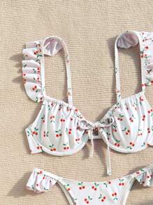 Swim Mod Women's Summer Beach Cherry Print Ruffled Front-Tie Sexy Bikini Set - Multicolor - View 4