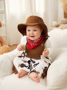 SHEIN Newborn Baby Boy/Girl Persoplay 3-Piece Western Cow Printed Romper Set With Suspenders And Brown Suede Cowboy Hat, Paired With Peru Geometric Printed Scarf, Exuding Wildness And Cuteness - Multicolor - View 1