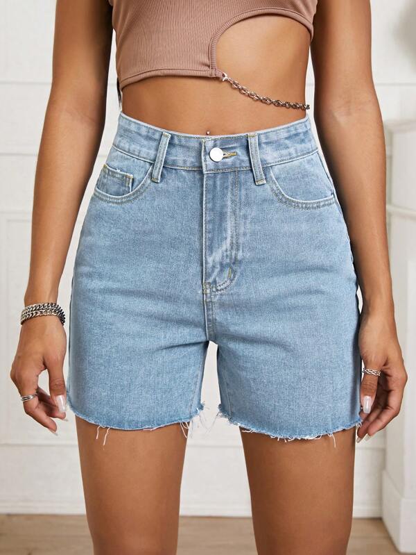 Front-Buttoned Denim Shorts With Double Side Pockets And Frayed Hem