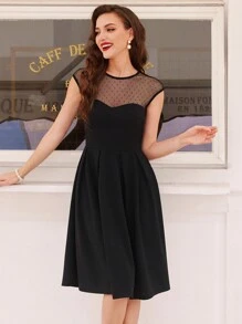 Vintamour 复古优雅女士波尔卡圆点网眼拼接圆领盖袖连衣裙搭配伞裙，A 字型黑色连衣裙，适合工作和休闲老式风格教师服装单身女郎礼服早午餐服装秋季礼服半正式礼服教师礼服夏季女装生日服装女装正式女装秋季婚礼宾客礼服约会晚礼服 - 黑色 - 查看 7