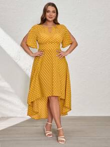 SHEIN Clasi Vestido de manga corta para mujer con bajo asimétrico, parte delantera corta y parte trasera larga, talla grande - Amarillo Mostaza - Ver 5