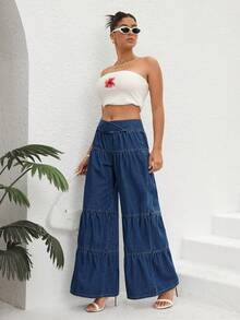 SHEIN Essnce Ruffle Hem Wide Leg Jeans - Light Wash - View 7