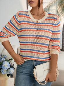 Calvaya Plus Size Spring/Autumn Casual Color Block Striped Hollow Knitted Sweater Fall Winter - Multicolor - View 1