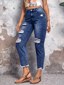 SHEIN LUNE Pantalones vaqueros informales en forma de cono con efecto desgastado, lavados - Azul lavado oscuro - Ver 5