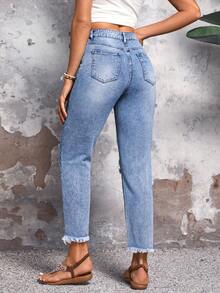 SHEIN LUNE 撕毀式原始邊緣緊身牛仔褲，適用於日常穿著 - 中等水洗藍 - 查看 2