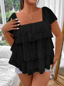 SHEIN MOOSTA 大码编织休闲可爱衬衫荷叶边上衣 - 黑色 - 查看 3