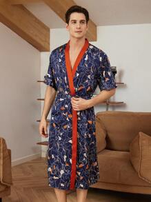 Men Crane Print Contrast Trim Belted Satin Robe - Blue - View 3