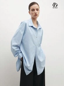 BizChic Blusa de escritório de negócios feminino, elegante estilo viajante azul listrado laço colarinho camisa solta - Azul - Ver 4