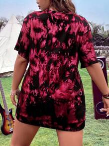 SHEIN MOOSTA 大码女式夏季扎染印花撞色网眼圆领短袖休闲T恤新年衣服图案T恤女式上衣 - 紅色 - 查看 2