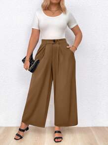 Calvaya Pantalones Rectos Casuales Con Pliegues De Color Sólido De Talla Grande - Bronce - Ver 6