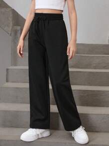 SHEIN Tween Girl Loose Fit Athleisure Black Straight Leg Pants With Drawstring, Perfect For Home And Leisure - Black - View 6