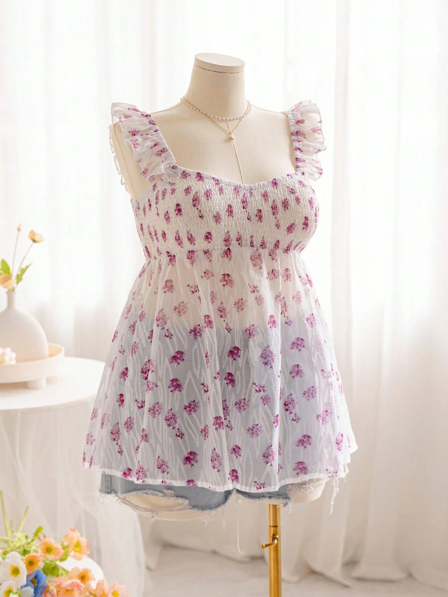 Soleia Áo sơ mi có họa tiết hoa màu xanh và trắng có eo đàn hồi và đường viền xù, áo đi nghỉ lãng mạn dành cho phụ nữ ngoại cỡ - Màu tím hoa cà - Xem 1