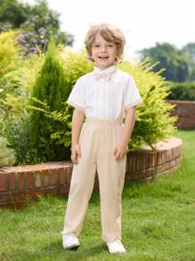 Boys' Pleated Shirt Collar And Bow Tie Linen Vest And Long Pants Gentlemen Outfit - Khaki - View 6