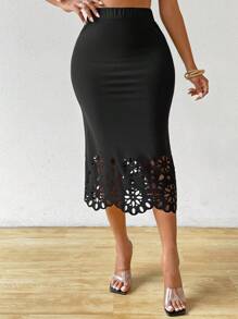 Chiquease Falda con dobladillo de sirena recortada con láser - Negro - Ver 5
