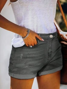 女士纯色简约破洞牛仔短裤，休闲日常穿着 - 灰色 - 查看 5