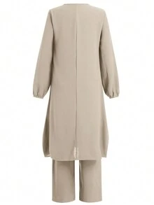 2pcs Women Plain Minimalist Casual Long Top And Long Pants Set - 杏色 - 查看 2