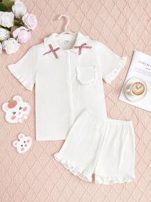 Áo cardigan ngắn tay đơn giản màu trắng có quần short dành cho nữ, Bộ đồ mặc nhà 2 món thường ngày - trắng - Xem 1