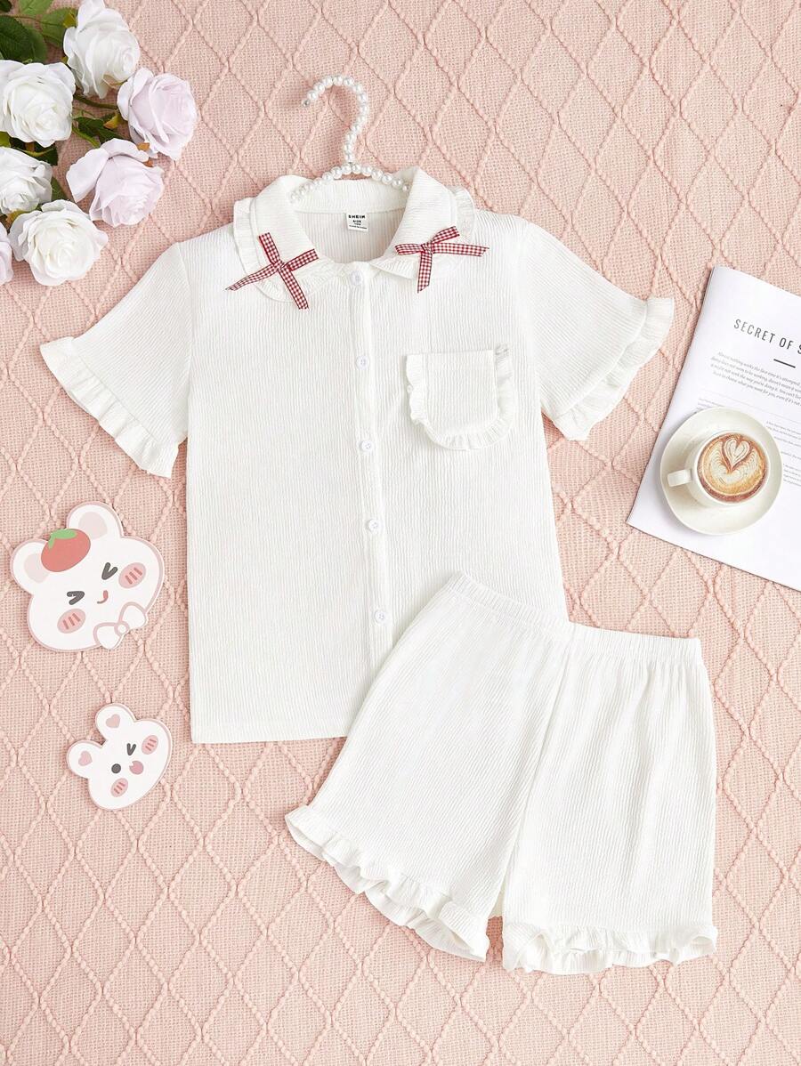Áo cardigan ngắn tay đơn giản màu trắng có quần short dành cho nữ, Bộ đồ mặc nhà 2 món thường ngày - trắng - Xem 1
