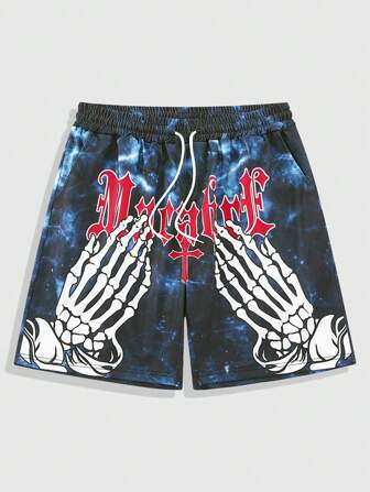 Shorts pour hommes imprimé marbre avec nœud devant et double poches latérales