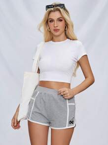SHEIN Essnce Women's Spring/Summer Outdoor Sports Leisure Shorts With Color Blocking And Embroidery Design - Grey - View 5
