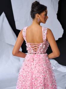 Glamrae Đầm dạ hội dày dặn, cổ vuông, tay lửng, họa tiết hoa ba chiều, màu hồng lãng mạn thanh lịch, cạp chun, xẻ cao, có thể điều chỉnh độ rộng, viền A - Màu Hồng baby - Xem 6