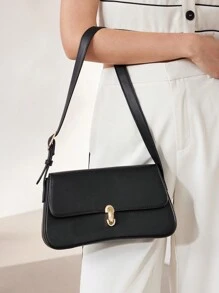 MOTF PREMIUM 纯色通勤简约时尚金属扣翻盖单肩包，多功能，女士包包优雅，奢华 - 黑色 - 查看 2