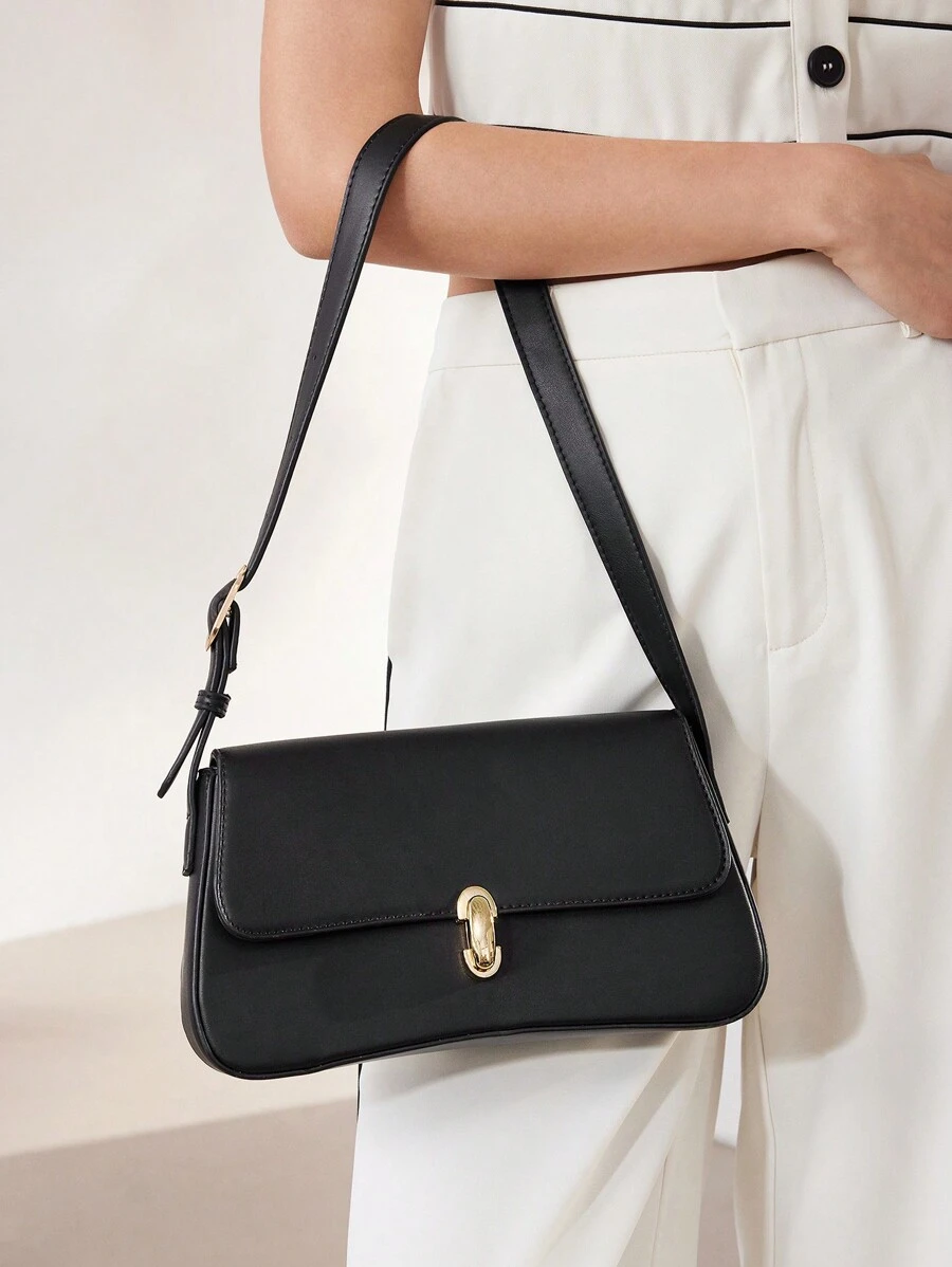 MOTF PREMIUM SOLID COLOR COMMUTE SIMPLE FASHION METAL-CLASP FLAP SHOULDER BAG, VERSATILE, BAG FOR WOMEN ELEGANT, LUXURY - Black - View 2
