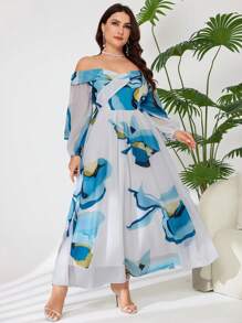 Modelyn Plus Size Off-Shoulder Long Sleeve Color Blocking Summer Dresses For Women - Green - View 1