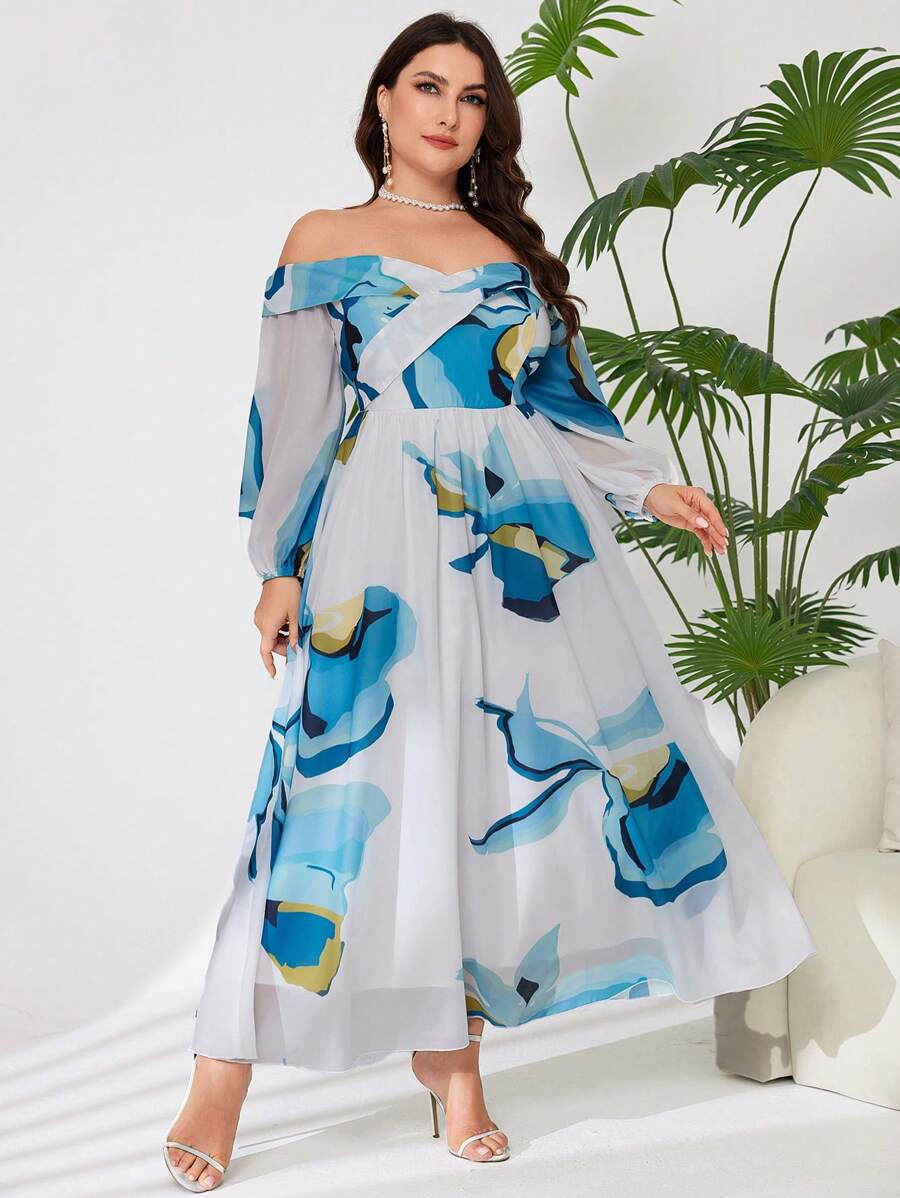 Modelyn Plus Size Off-Shoulder Long Sleeve Color Blocking Summer Dresses For Women - Green - View 1
