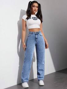 SHEIN EZwear Women's Solid Color Simple Daily Jeans - Blue - View 3