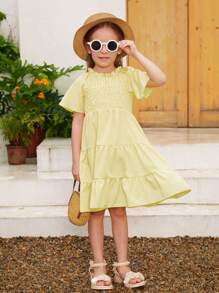 女童纯色编织荷叶边松紧腰 A 字形连衣裙，配有松紧袖口，适合休闲外出和夏季度假 - 母女配套服装（3 件单独出售） - 芥末黃 - 查看 5