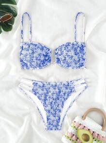 SHEIN Swim Floral Print Smocked Cut Out Bikini Set Summer - Multicolor - View 4