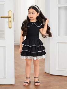 Young Girl Knitted Solid Color Bowknot Top And Woven Mesh Skirt Two Pieces Set - Black - View 3