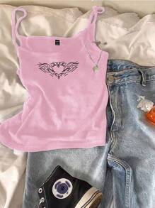 Attitoon 休闲简约心形翅膀水钻装饰女士吊带背心，适合夏季 - 淺粉色 - 查看 6