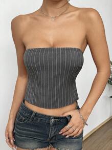 SHEIN Unity Women Striped Print Backless Tube Top Strapless Top - Grey - View 7