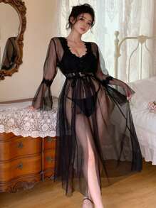 DAZY Mesh Contrast Lace Trimmed Nightgown Sheer See Through Robe Pajama - Black - View 5